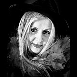 black hat red boa (in black and white)